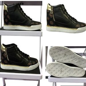 Guess Black Gold Figz Wedge  Lace Up Zipper Side Sneakers Shoes Womens 5 M